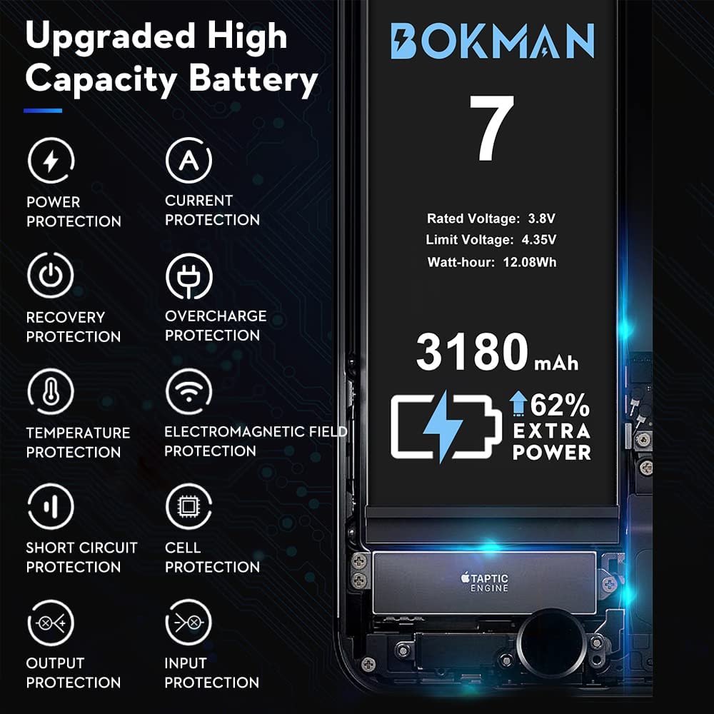 bokman for iPhone 7 Battery Replacement, High Capacity Li-ion Polymer Battery 3180mAh with All Tool Kits and Adhesive Strips