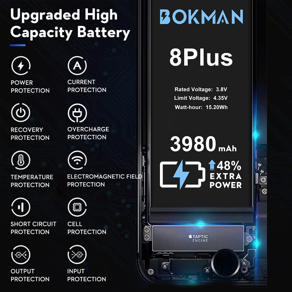 bokman for iPhone 8 Plus Battery Replacement, High Capacity Li-ion Polymer Battery 3980mAh with All Tool Kits and Adhesive Strips