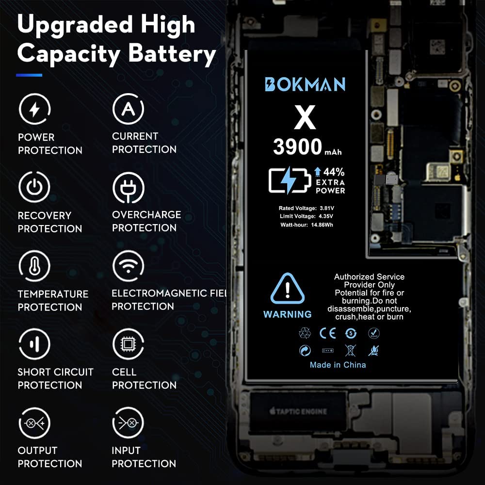 bokman for iPhone X Battery Replacement, High Capacity Li-ion Polymer Battery 3900mAh with All Tool Kits and Adhesive Strips