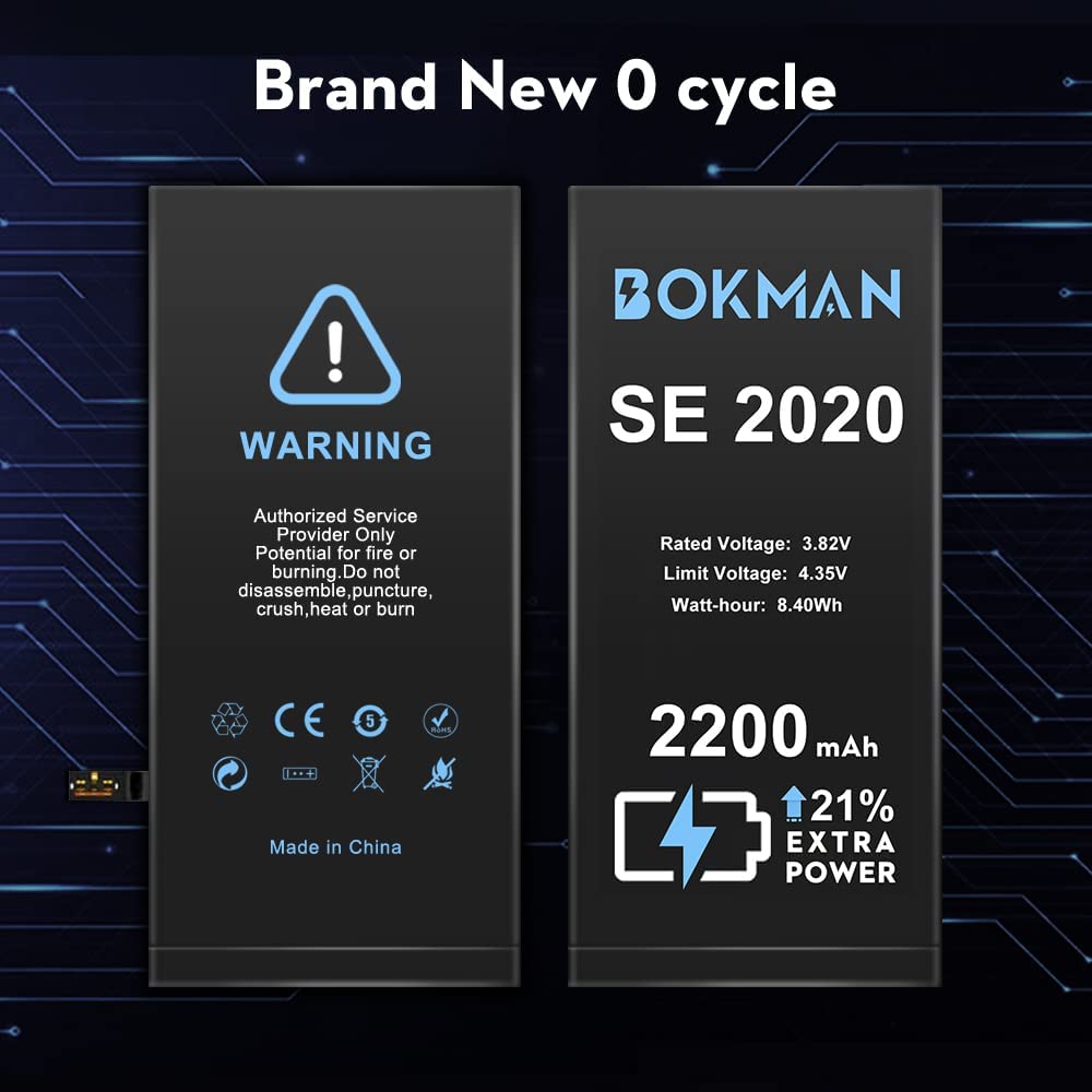 bokman for iPhone SE 2020 Battery Replacement, High Capacity Li-ion Polymer Battery 2200mAh with All Tool Kits and Adhesive Strips