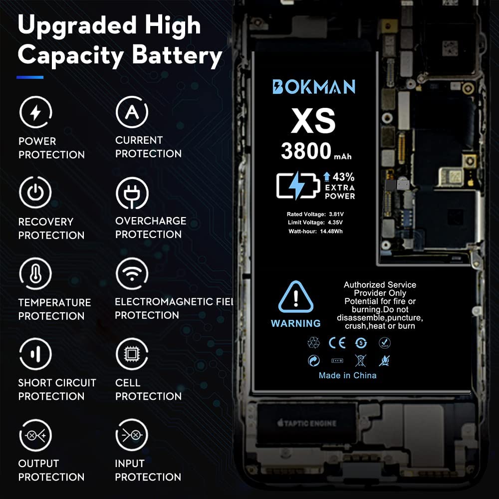 bokman for iPhone XS Battery Replacement, High Capacity Li-ion Polymer Battery 3800mAh with All Tool Kits and Adhesive Strips