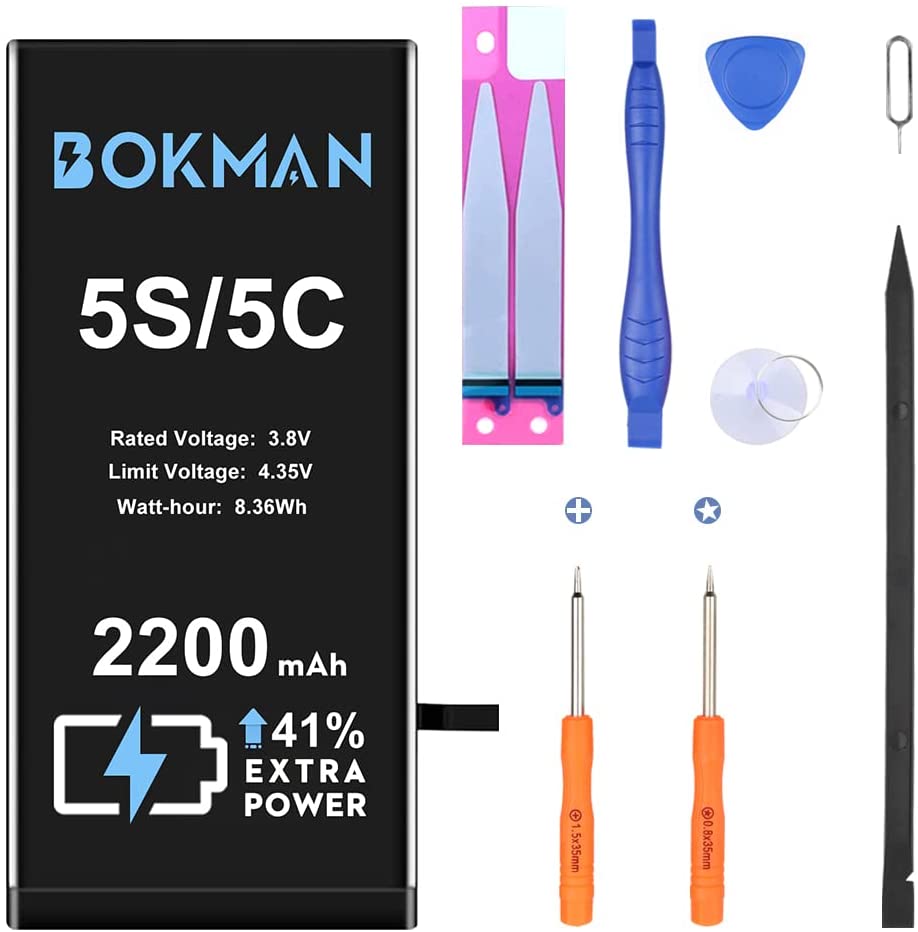 bokman for iPhone 5S/5C Battery Replacement, High Capacity Li-ion Polymer Battery 2200mAh with All Tool Kits and Adhesive Strips