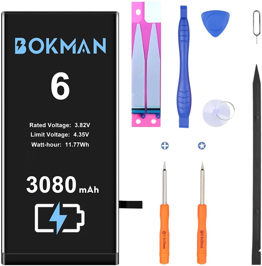 bokman for iPhone 6 Battery Replacement, High Capacity Li-ion Polymer Battery 3080mAh with All Tool Kits and Adhesive Strips