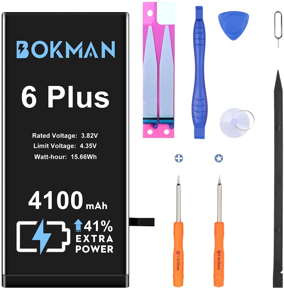 bokman for iPhone 6 Plus Battery Replacement, High Capacity Li-ion Polymer Battery 4100mAh with All Tool Kits and Adhesive Strips