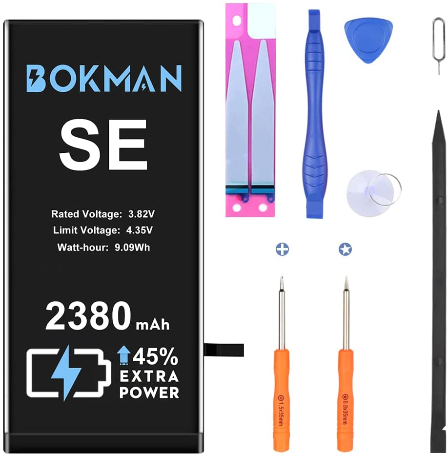 bokman for iPhone SE Battery Replacement, High Capacity Li-ion Polymer Battery 2380mAh with All Tool Kits and Adhesive Strips